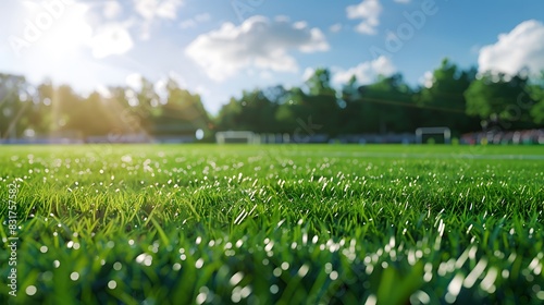 Lush green grass football field under bright sunlight, with blurred spectators in the background photo