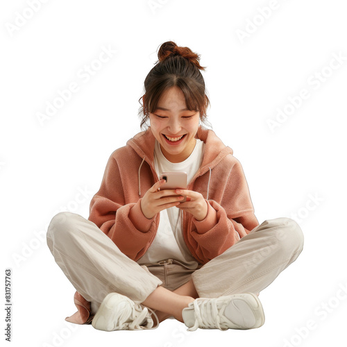Woman sits on the floor and joyfully watching smart phone isolated on white background