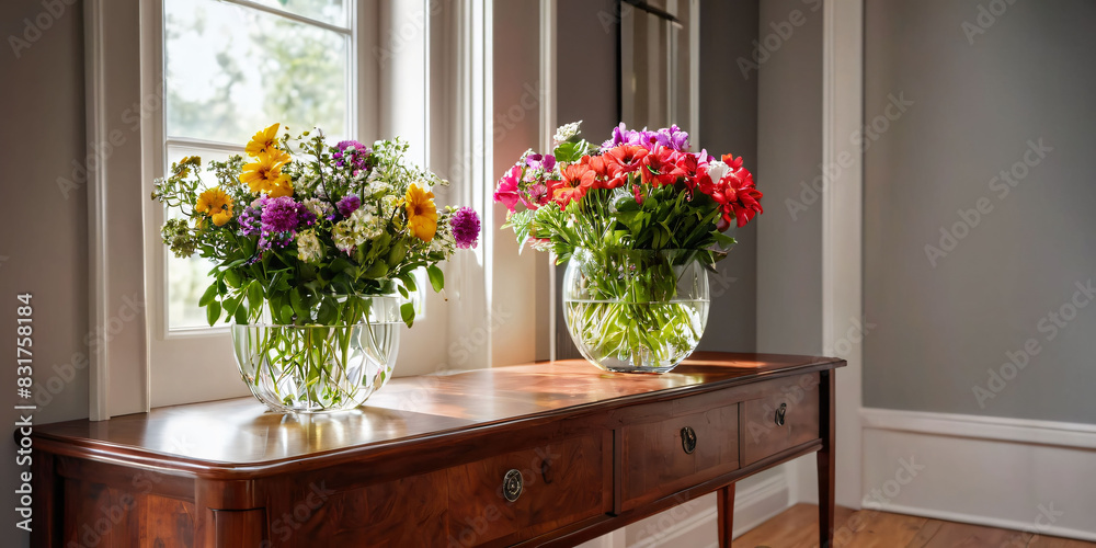A bright and welcoming entryway with a large window, a hardwood floor, and a simple and functional console table, decorated with a vase of fresh flowers. A bright and welcoming entryway with a large window, a hardwood floor, and a simple and functional console table, decorated with a vase of fresh flowers.