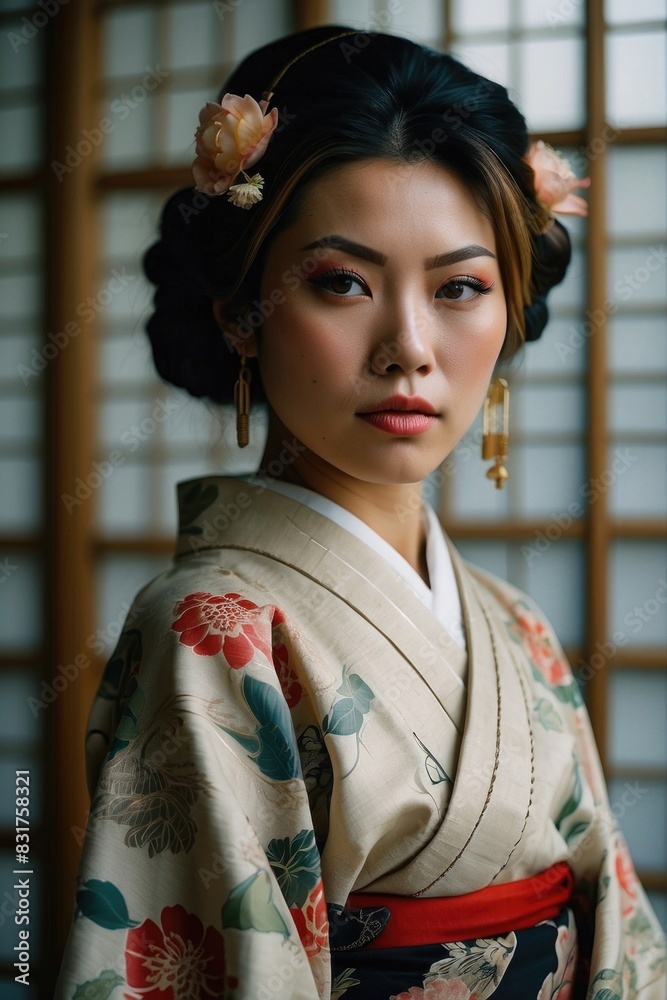 a beautiful woman in a traditional Japanese kimono a beautiful woman in a traditional Japanese kimono