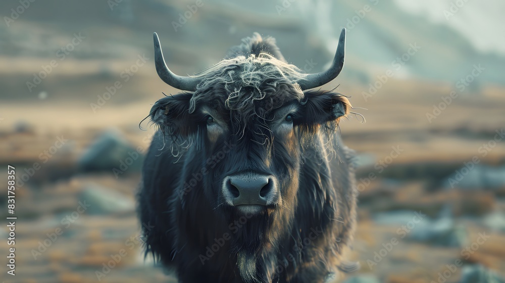 yak facing the blurred background yak facing the blurred background