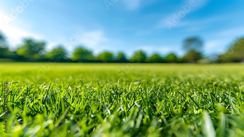 Freshly mowed green grass of a football field under a clear blue sky, background out of focus photo