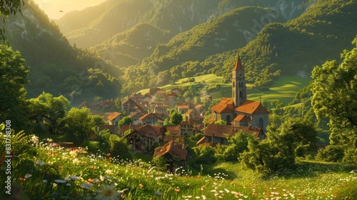A quaint village nestled in a verdant valley, bathed in the soft glow of the setting sun, evoking a sense of nostalgia and tranquility.