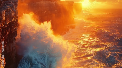 A rugged coastal cliff battered by crashing waves, its weathered surface illuminated by the warm glow of the setting sun.