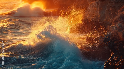 A rugged coastal cliff battered by crashing waves  its weathered surface illuminated by the warm glow of the setting sun.