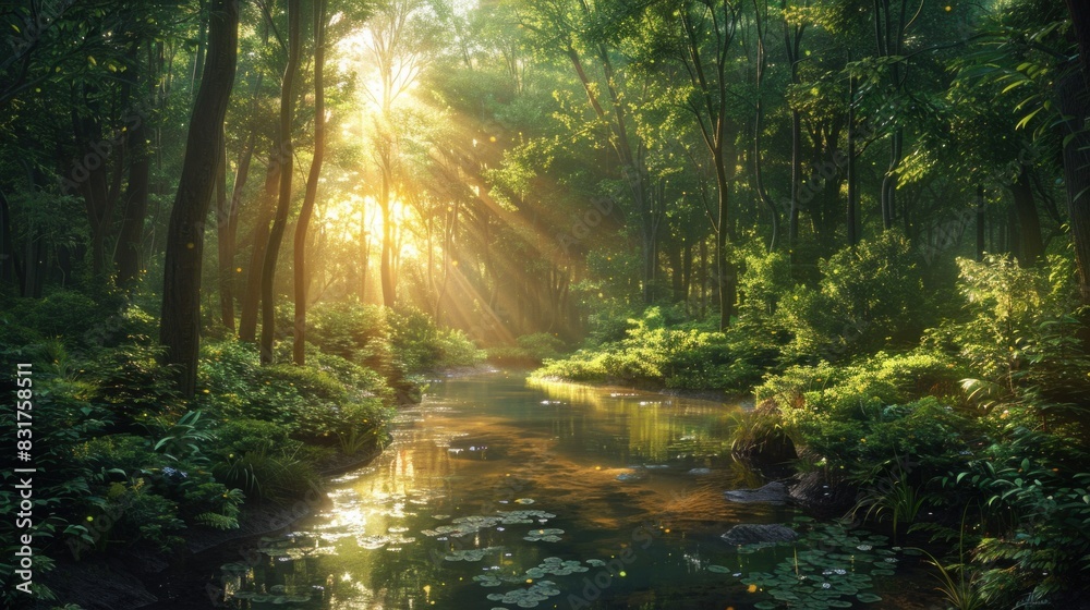 Obraz premium A serene forest scene, bathed in soft sunlight filtering through the lush canopy, inviting viewers to immerse themselves in the tranquility of the wilderness.