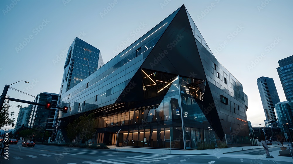 Obraz premium Full shot of an ultra-modern modern angular office building in the city.