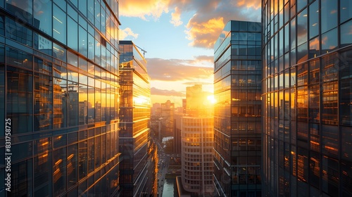 Sunset in a Modern Downtown City With Skyscrapers Reflecting Golden Light.