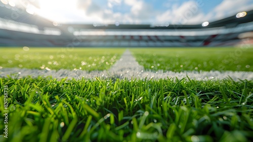 Detailed view of green grass on a football pitch, stadium seats blurred behind photo