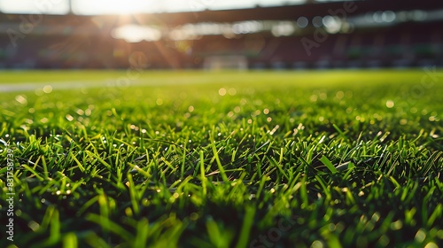 Detailed view of green grass on a football pitch, stadium seats blurred behind photo