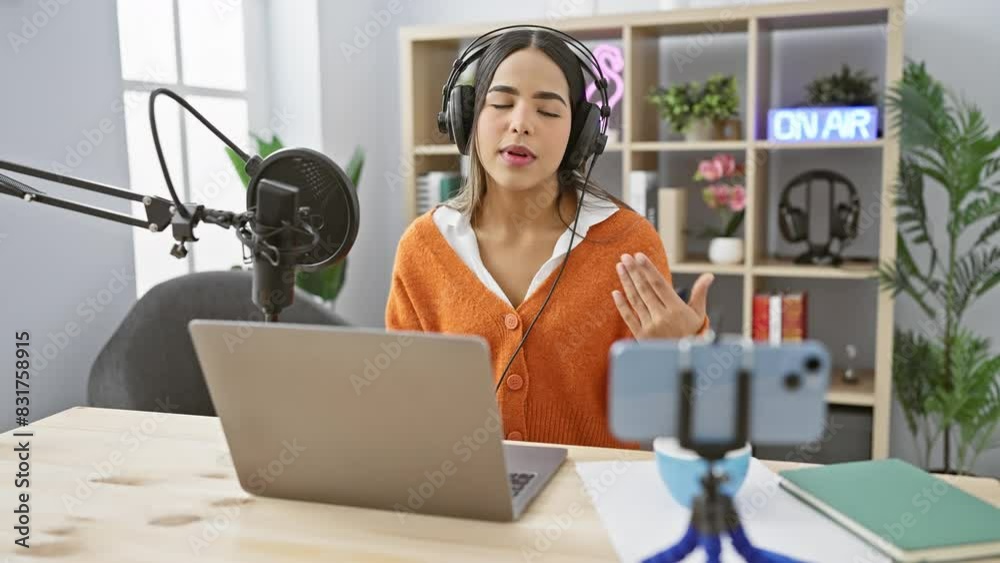 A young hispanic woman creates content in a studio, podcasting and streaming with a microphone, headphones, and laptop. A young hispanic woman creates content in a studio, podcasting and streaming with a microphone, headphones, and laptop.