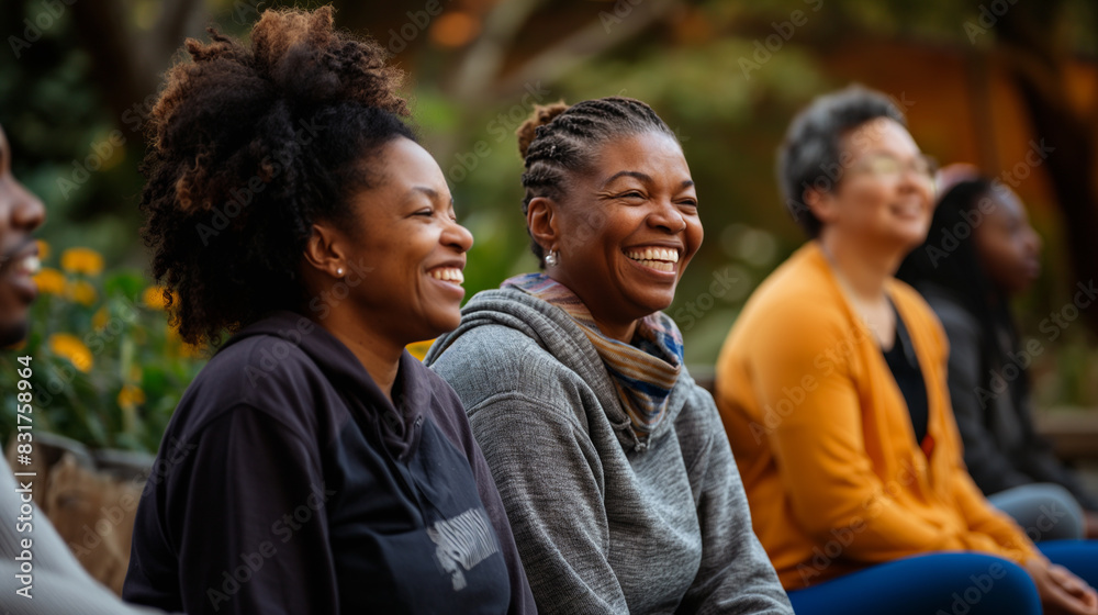 A women group sits together in an open-air setting, laughing and talking while engaged in mindful activities. The scene radiates a sense of togetherness and community A women group sits together in an open-air setting, laughing and talking while engaged in mindful activities. The scene radiates a sense of togetherness and community