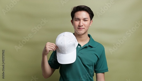 High-quality PNG mockup of a blank white cap with green background. photo