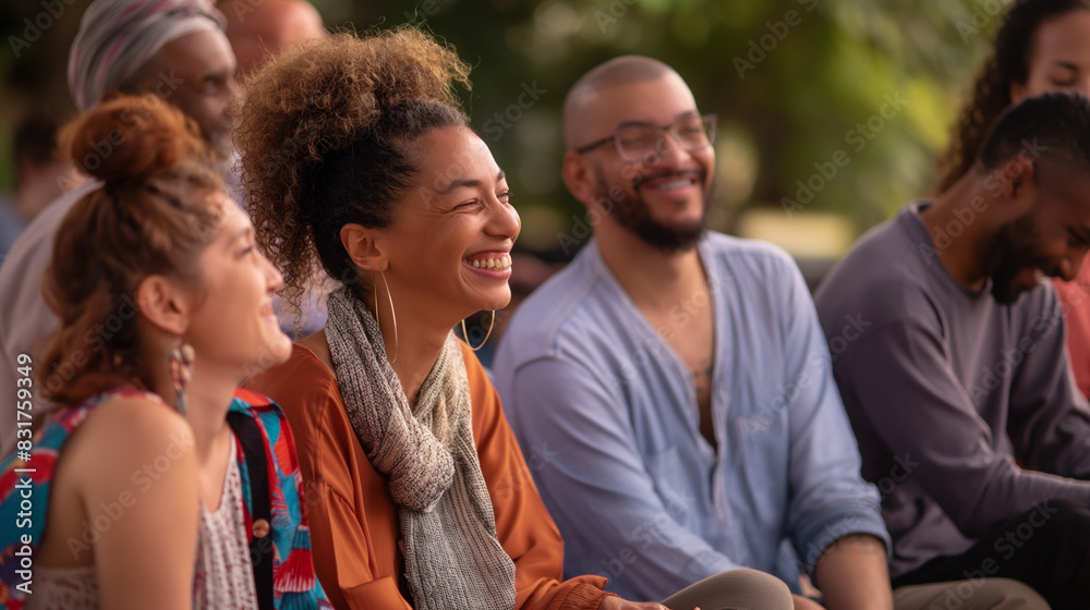 Obraz premium In an open-air setting, a diverse group of men and women laugh and talk while participating in mindful activities
