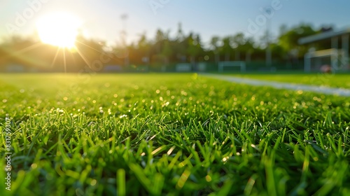 Vivid green grass football field under bright daylight  with stands out of focus