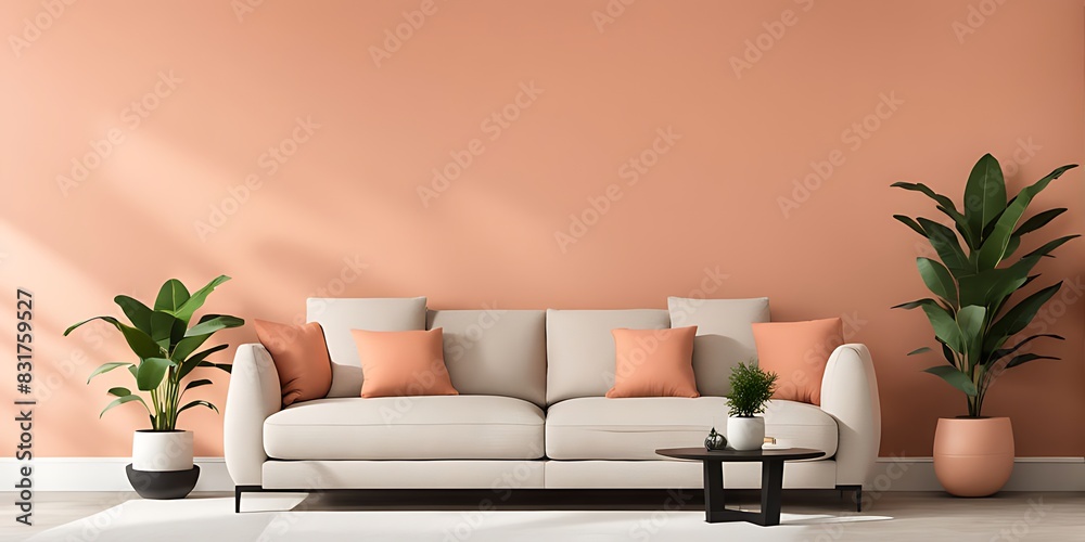 Livingroom with accent bright peach fuzz 2024 sofa and pale orange coral wall. Large sofa with cushions in velor fabric. Lounge area in the home. Mockup luxury design room and furniture. 3d render Livingroom with accent bright peach fuzz 2024 sofa and pale orange coral wall. Large sofa with cushions in velor fabric. Lounge area in the home. Mockup luxury design room and furniture. 3d render