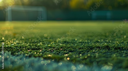 Close-up of a green football pitch with background elements softly dissolved photo