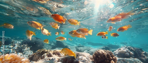 Fishes in the clear sea water photo