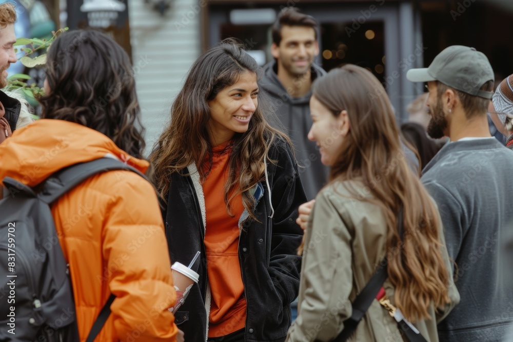 Group of young people walking in the street. Group of people walking in the city.