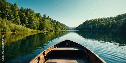 A boat ride of a landscape, with the details and texture created by the artist's hand and the tools, with a boat on a lake. photo
