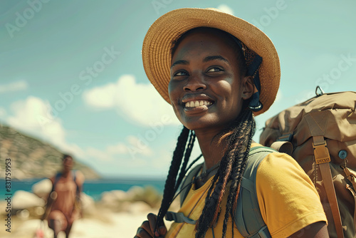 Ethnic tourist with luggage walking towards camera, ready for adventure photo