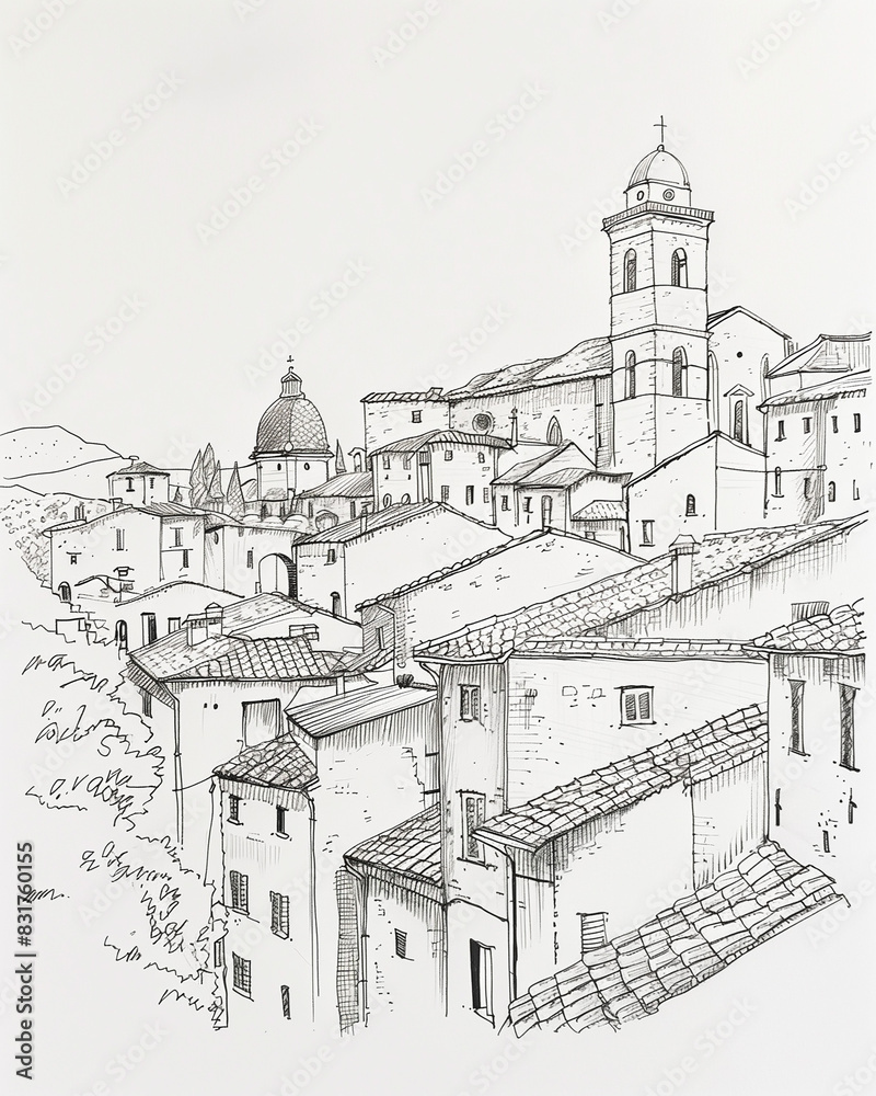 a simple ink drawing of the cityscape of Mçu, Italy, drawn by hand in black pen on white paper.