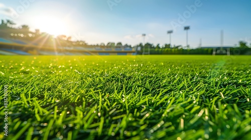 Green football field turf under bright sun, stadium background softened photo