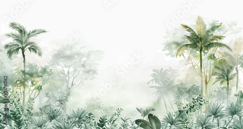 A white background with a row of palm trees and plants in the jungle, painted in the style of Anna shirley hunkin. The colors are light green, soft gray and warm yellow. There is some mist around the  photo