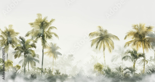 A white background with a row of palm trees and plants in the jungle  painted in the style of Anna shirley hunkin. The colors are light green  soft gray and warm yellow. There is some mist around the 