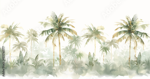 A white background with a row of palm trees and plants in the jungle, painted in the style of Anna shirley hunkin. The colors are light green, soft gray and warm yellow. There is some mist around the 