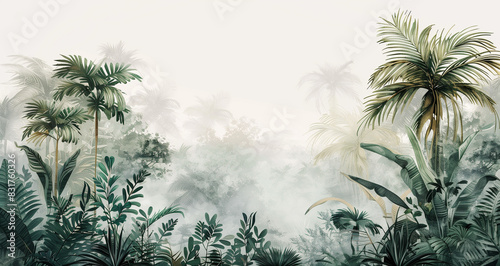 Wallpaper Mural A white background with a row of palm trees and plants in the jungle, painted in the style of Anna shirley hunkin. The colors are light green, soft gray and warm yellow. There is some mist around the  Torontodigital.ca