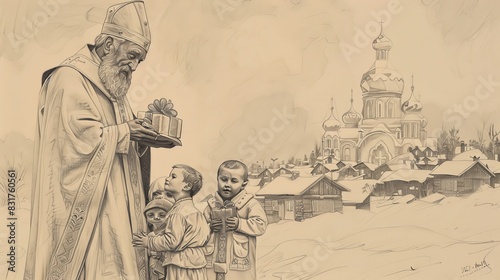 Giving Gifts to Children, St. Nicholas in Snowy Village, Biblical Illustration, Beige Background, Copyspace photo