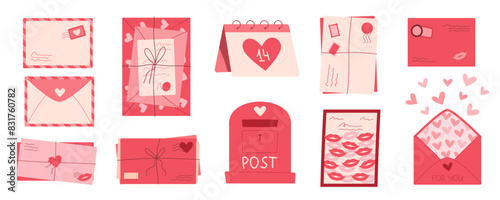 Cute love mail and envelope set concept, trendy style craft post card with lips and kisses, cartoon romantic postcard and letters design with heart and stamps, flat handmade romantic mailbox.