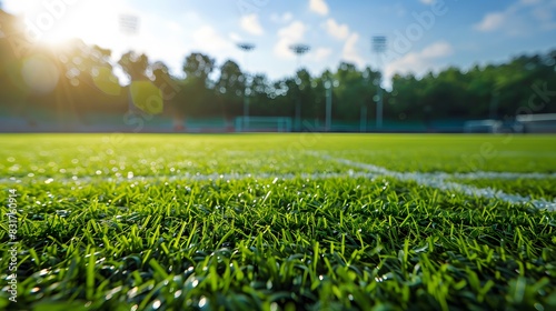 Fresh green grass on a football pitch, with the distant stands out of focus photo