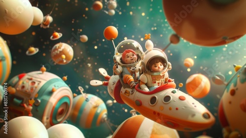 Whimsical 3D Cartoon Astronauts: Adventures in the Cosmic Realm, illustration, wallpaper, 