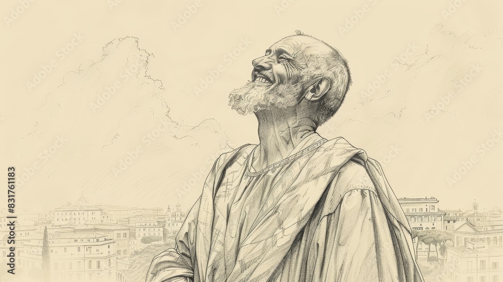 Fototapeta premium In Moment of Joy, St. Philip Neri with Background of Rome, Biblical Illustration, Beige Background, Copyspace