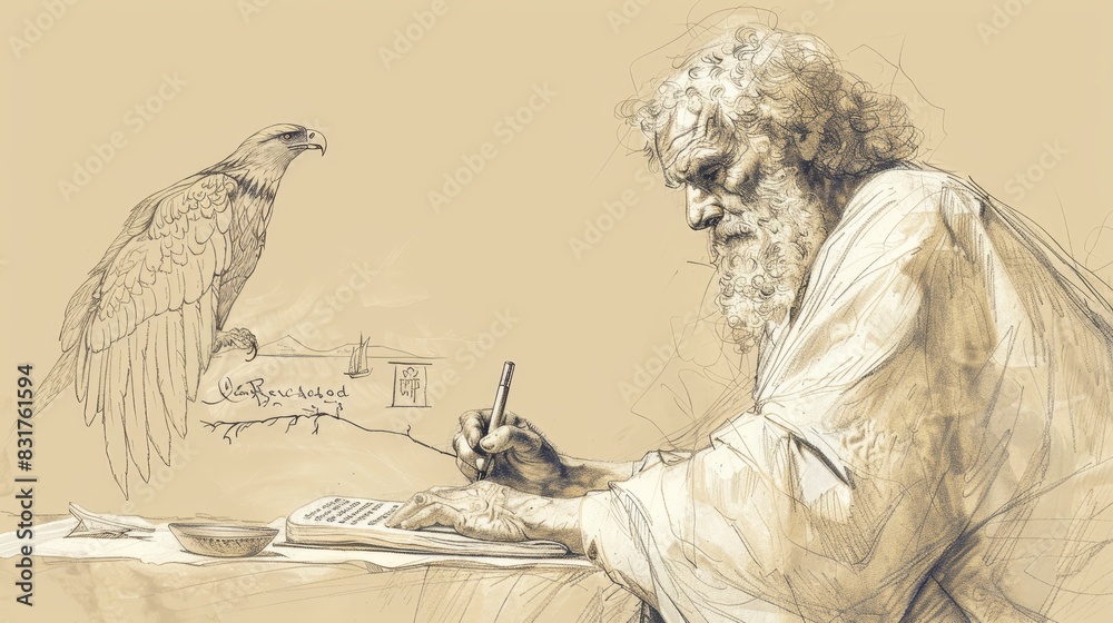 Writing Book of Revelation, St. John the Apostle with Eagle and Patmos ...