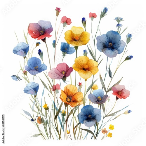 Watercolor illustration of wildflowers  hand-painted and isolated on white background  vibrant and detailed
