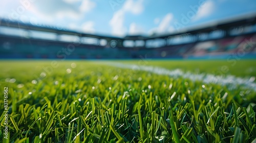 Well-maintained green football field grass, with a soft-focus stadium backdrop photo