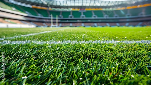 Well-maintained green football field grass, with a soft-focus stadium backdrop photo