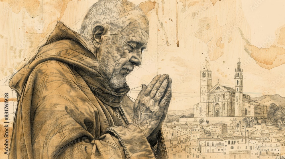 Fototapeta premium St. John of the Cross in Spanish Countryside, Mystical Poetry, Biblical Illustration, Beige Background, Copyspace