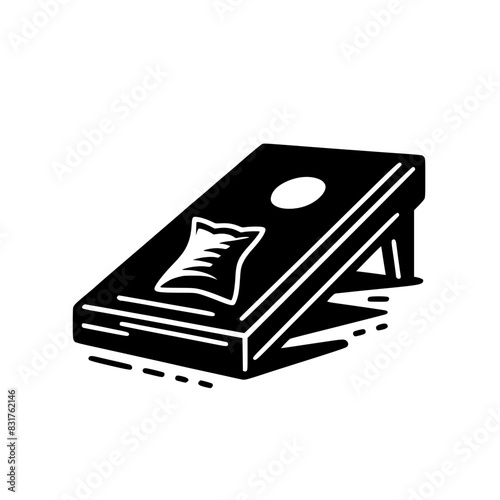 Cornhole Game Vector Illustration, Minimalist black and white vector illustration of a cornhole game setup with boards and bean bags.