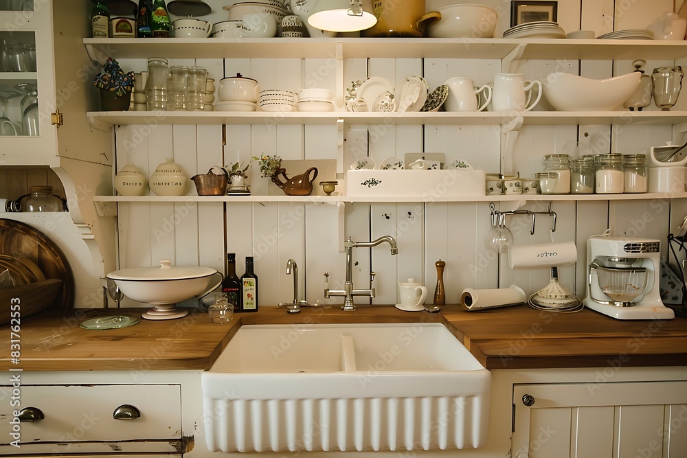 A quaint cottage kitchen with open shelving and a farmhouse sink.