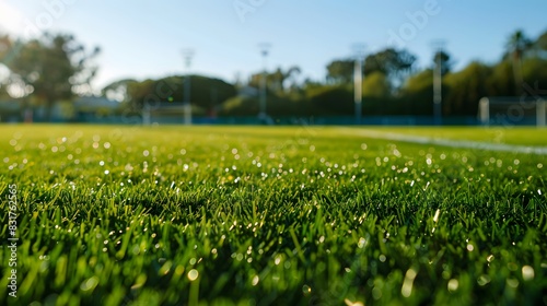 Detailed green grass on a football pitch, with the far-off background gently blurred photo