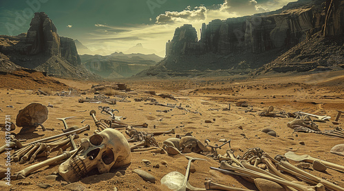A dry desert valley with piles of the bones of an ancient army in the foreground. Discarded swords and shields litter the floor. Generative AI.