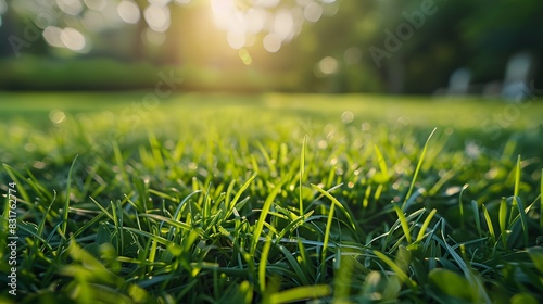 Close-up of green football field grass, with a bright, indistinct background photo