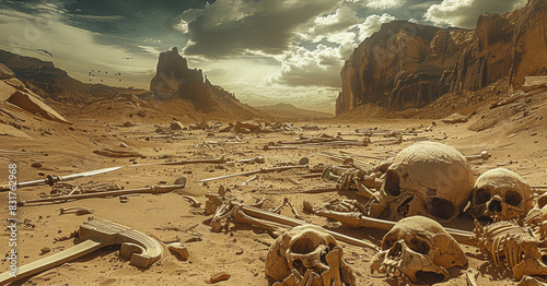 A dry desert valley with piles of the bones of an ancient army in the foreground. Discarded swords and shields litter the floor. Generative AI. photo