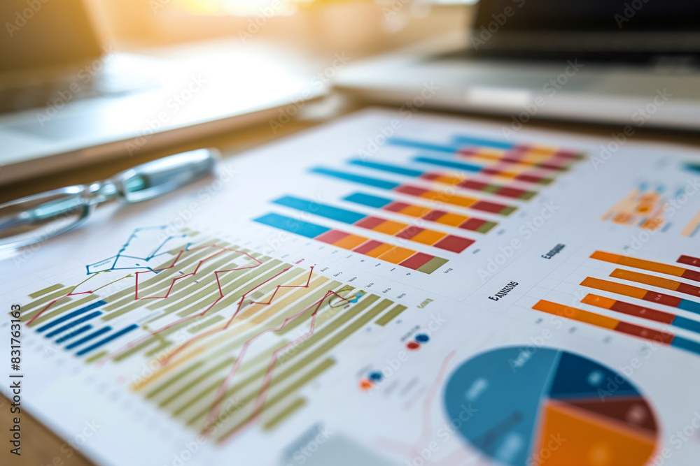 A pen is on top of a stack of graphs. The graphs are colorful and show different data points. The pen is black and has a gold tip. Concept of analyzing data and making sense of it A pen is on top of a stack of graphs. The graphs are colorful and show different data points. The pen is black and has a gold tip. Concept of analyzing data and making sense of it