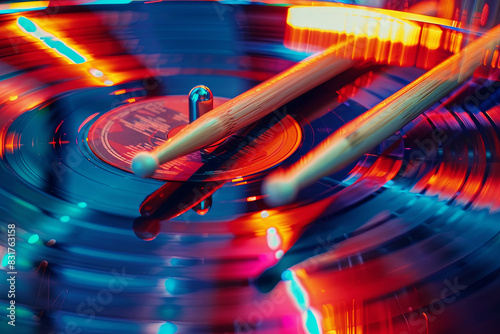 Abstract vinyl record and drumsticks in vibrant motion, symbolizing music photo