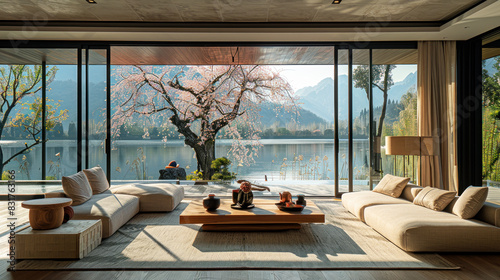 Natural shade living room of a house resort by lake cherry blossom